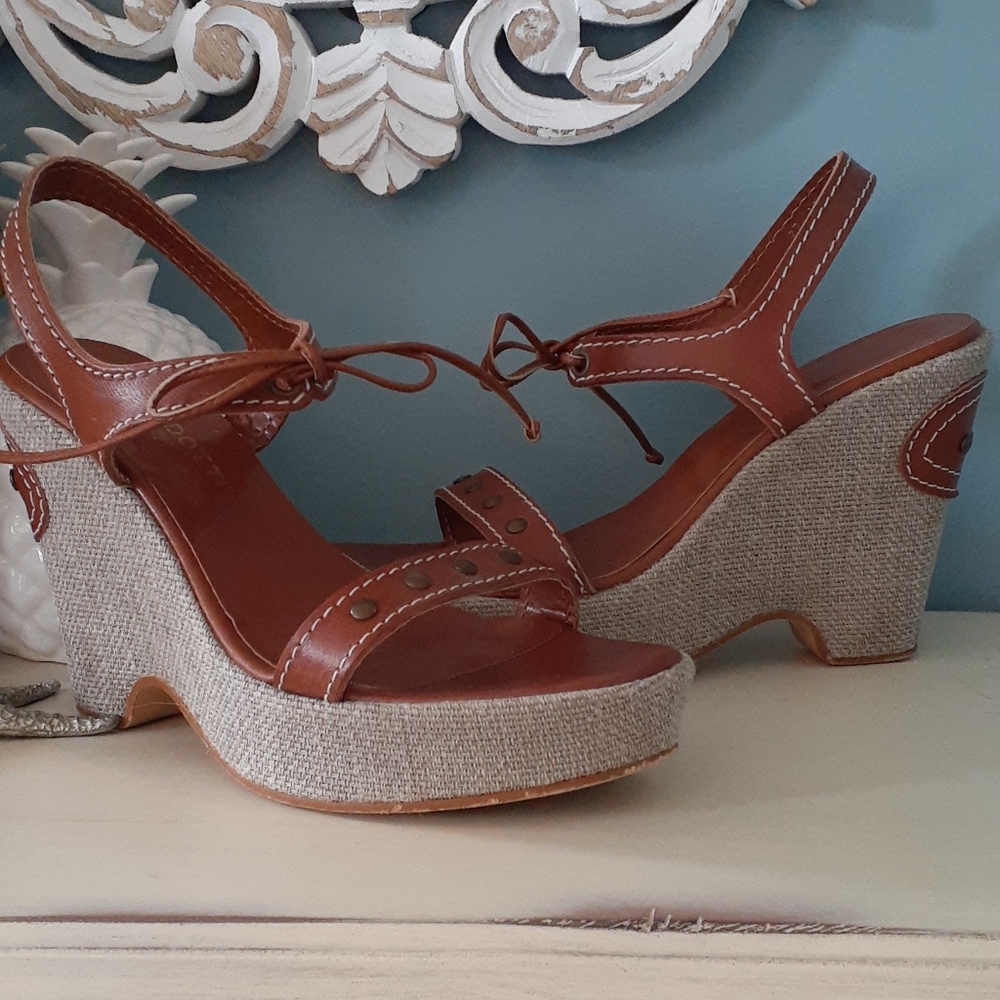 * Via Condotti leather & canvas wedge sandals